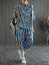 Artistic Retro Cartoon Printed Denim Two Pieces Suits